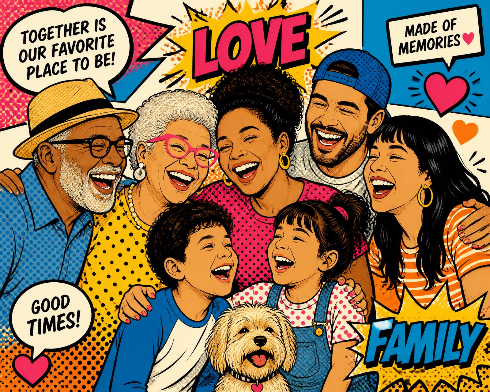 A joyful multi-generational family laughing together, pop-art style